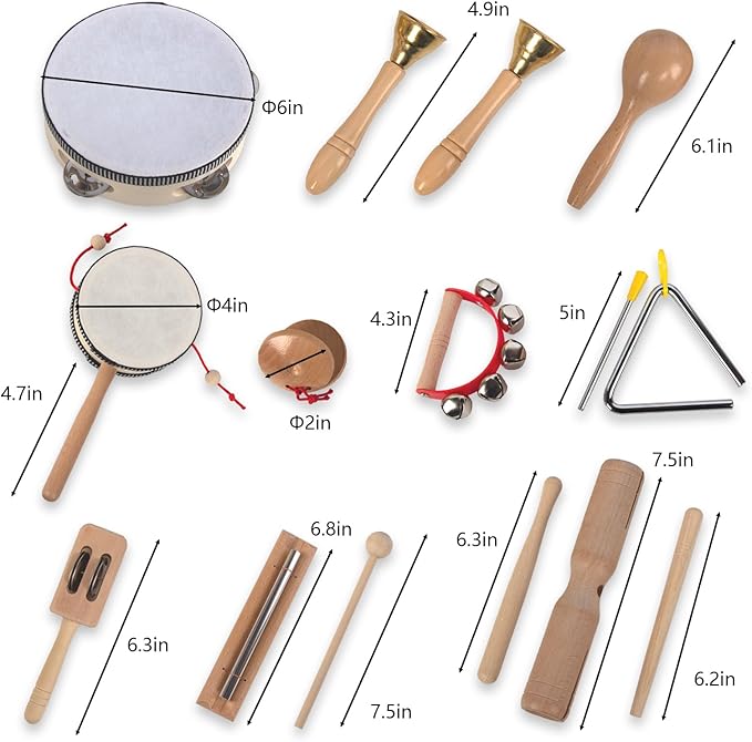 Wooden Musical Instruments Set for Toddlers 1-3, Natural Wood Percussion Instruments Xylophone Gift Set for Girls Boys Kids ,Preschool Educational Musical Toys with Storage Bag (Log Color)