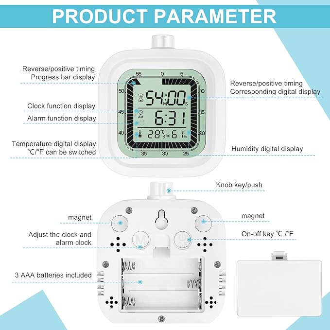 Visual Timer with Alarm Clock Countdown Count-up 1-60 Minutes Kitchen Timer Student Timer Bath Room Timer Clock Sports Timer time Manager with Digital Thermometer Hygrometer (White)