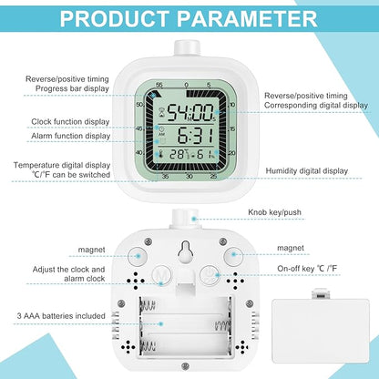 Visual Timer with Alarm Clock Countdown Count-up 1-60 Minutes Kitchen Timer Student Timer Bath Room Timer Clock Sports Timer time Manager with Digital Thermometer Hygrometer (White)