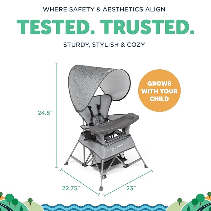 Baby Delight Go with Me Venture Portable Chair | Indoor and Outdoor | Sun Canopy | 3 Child Growth Stages | Elephant Grey