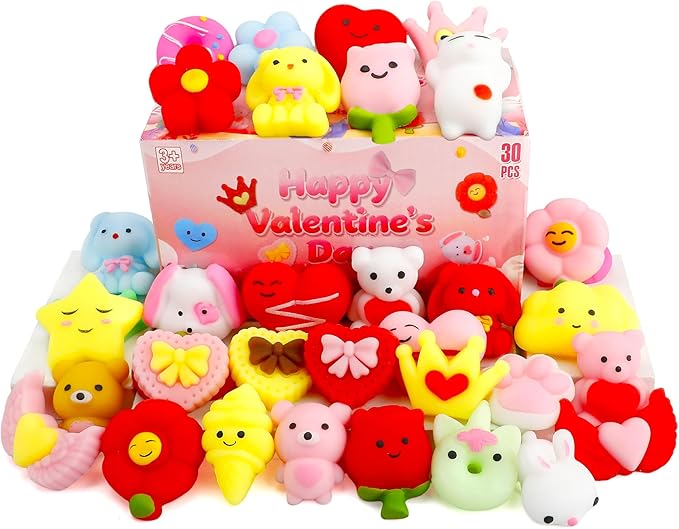Valentines Day Gifts for Kids - 30 Pack Valentines Mochi Squishy Toys, Mini Kawaii Squishies Fidget Toys Prizes for Kids School Classroom Party Favors and Valentines Day Decor