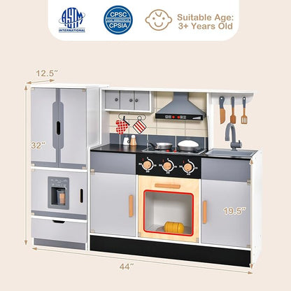 HONEY JOY Kids Kitchen Playset, 2-Piece Modular Wooden Play Kitchen for Toddlers & Refrigerator with Ice Maker, Range Hood, Oven, Little Chef Pretend Toy Kitchen Set with Light & Sound, Gray