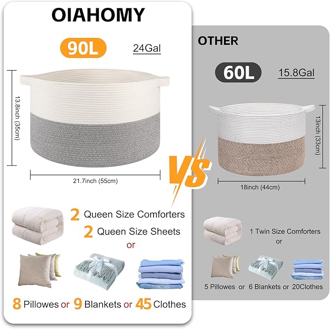 OIAHOMY 90L XXXLarge Blanket Basket for Living Room, 21.7" x 13.8" Woven Cotton Rope Laundry Basket for Organizing Pillows, Decorative Stuffed Animal Toy Storage Bin for Nursery, White and Light Grey