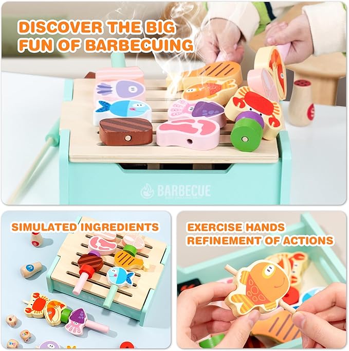 Wooden Grill Playset for Kids 3 Years Old,Children BBQ Grill Playset,2025 New Upgrade Play Kitchen Toy Grill-Pink，chiristmas Gift for Kids