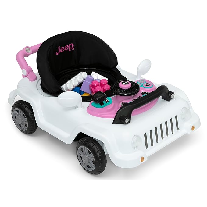 Jeep Classic Wrangler 3-in-1 Grow with Me Activity Walker - Features Music, Lights, Removable Play Tray, Push Walker Mode, Converts into Rolling Car Toy, White/Pink