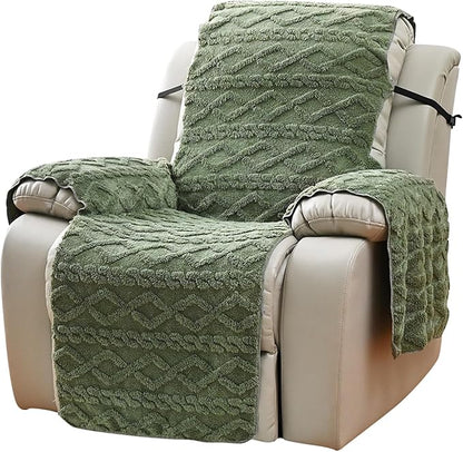 vctops Geometric Jacquard Plush Recliner Chair Cover Soft Fuzzy Fluffy Reclining Chair/Furniture Protector with Elastic Straps for Kids, Pets(Green,21.7")