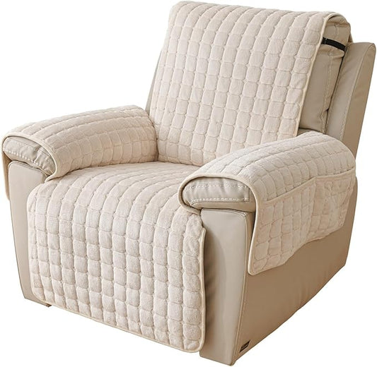 Quilted Recliner Chair Covers, Plush Non Slip Chair Slipcover Soft Washable Couch Cover Furniture Protector with Elastic Straps and Pocket for Kids, Dogs, Pets (Beige, 1 Seater)