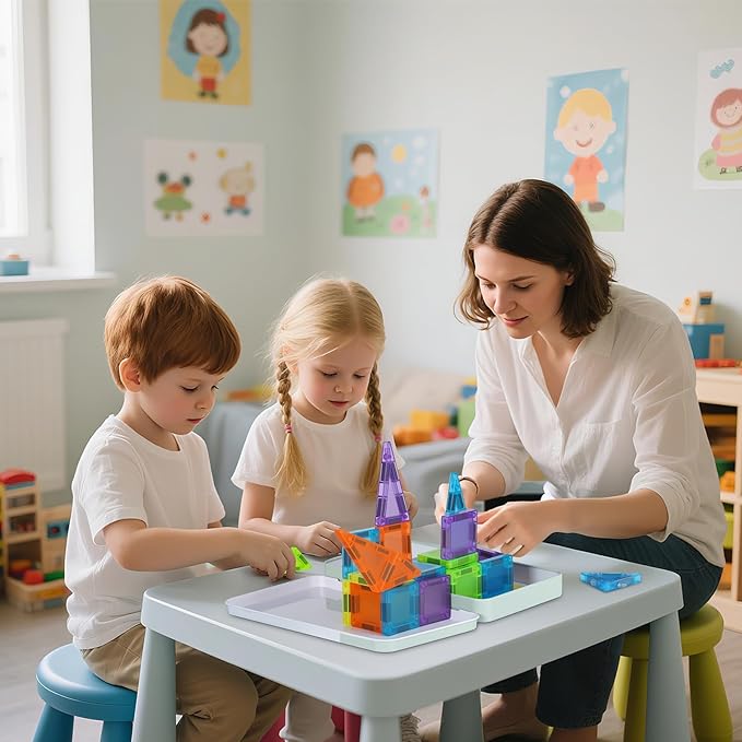 Mini Magnetic Tiles- 50PCS Travel Magnet Tiles with Iron Box, Portable Magnetic Block for Kids Ages 3+, STEM Sensory Creativity Travel Toys, Gifts for Children's Day Kids with Autism Boys & Girls