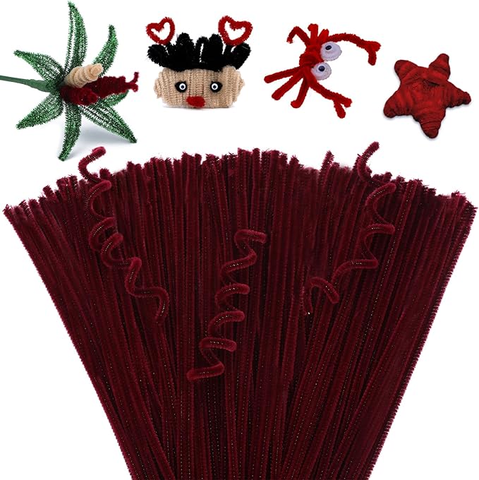 Pipe Cleaners, 100PCS Christmas Pipe Cleaners Craft Supplies, Wine Red Pipe Cleaners Bulk Fuzzy Sticks for DIY Art and Craft Projects Home Decoration