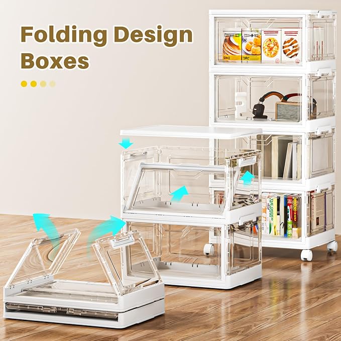 SNSLXH Portable Clear Storage Bins with Lid & Wheels, 24QT Clear Storage Bins with Lid, 4-Tier Plastic Bins with Wheels, Stackable, Magnetic Doors, for Bedroom, Living Room, Office