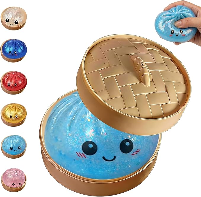 Glitter Dumpling,Colorful Dumpling Squishes Stress Balls with Steamer,Glitter Dumplings Squishies Box,Soft Squeeze Decompression Dough for Anxiety Relief Easter Basket Stuffers (Sky Blue)