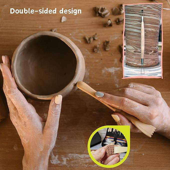 TEMONTIAN Pottery Tool Kit，Clay Sculpting Tools,43 Pcs Double Sided Pottery Wheel Tools for Adults，Pottery Carving Tools，Pottery Kiln Tools At Home，Ceramics Tools Set with Carrying Case Bag and Apron