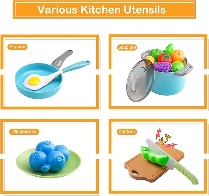 35Pcs Kids Kitchen Toy Accessories, Toddler Pretend Cooking Playset with Play Pots and Pans, Utensils Cookware Toys, Play Food Set, Toy Vegetables, Learning Gift for Girls Boys (Turquoise)
