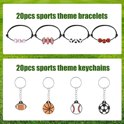 40pcs Sports Party Favors, 20pcs Sports Keychains & 20pcs Sports Bracelets with Football Basketball Rugby Baseball Sport Theme Thank You for Coming Gifts for Sports Party Supplies