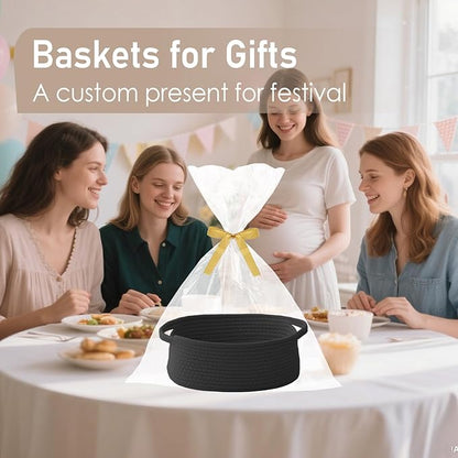 JMvicyroam Woven Basket,Small Rope Storage Bin with Handles & Ribbon Bag, Organizer for Shelves Closets,Gift Basket Empty for Birthday,Books,Dog Toys, Black/2 Pack
