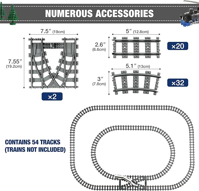Classic City Train Tracks, 54 Pieces Railroad Track with 32 Curved, 20 Straight and 2 Switch Train Tracks, Train Expansion Accessories Compatible with All Major Train Tracks