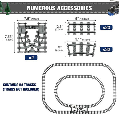 Classic City Train Tracks, 54 Pieces Railroad Track with 32 Curved, 20 Straight and 2 Switch Train Tracks, Train Expansion Accessories Compatible with All Major Train Tracks