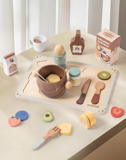 ROBUD 31-Piece Wooden Play Food Set for Kids - Coconut Oats Montessori Kitchen Toys, Educational Pretend Play Dishes with Accessories for Toddlers