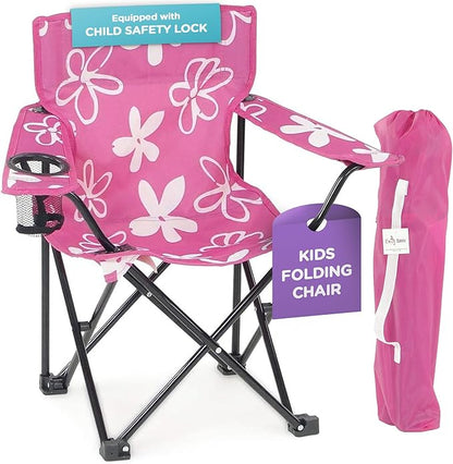 Emily Rose Kids Folding Chair | USA Company | Pink Kid Beach Chair with Safety Lock- Camping Chair for Girls Toddler with Cup Holder & Carry Case- Tailgate, Travel, Beach, Lawn- for Indoor & Outdoor