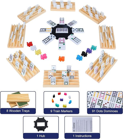 Mexican Train Dominoes Set, 91 Tiles Double 12 Game with 8 Wooden Racks/Trays, Tin Box, and Colorful Trains, Classic Domino Set, Perfect for Kids, Adults, and Families (D12 + 8 Holders)