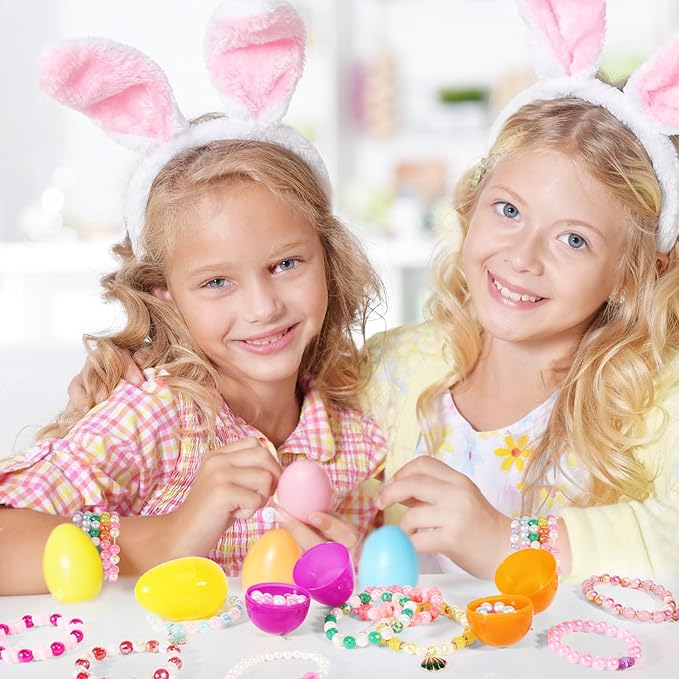 24 PCS Easter Eggs Prefilled with Bracelets, Easter Kids Basket Stuffer, Pre Plastic Easter Eggs Stuffers Easter Toys for Easter Eggs Hunt Game, Girls Easter Party Favor, Classroom Prize Supplies