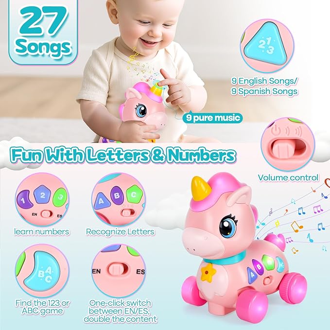 Baby Unicorn Toy 6-12-18 Months with Music & Lights Explore Bilingual Educational For Toddler Sensory Development Learning Walking Moving Crawling Tummy Time Toys Christmas Birthday Gifts for Infants