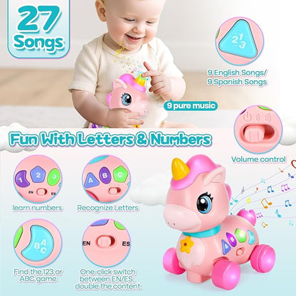 Baby Unicorn Toy 6-12-18 Months with Music & Lights Explore Bilingual Educational For Toddler Sensory Development Learning Walking Moving Crawling Tummy Time Toys Christmas Birthday Gifts for Infants
