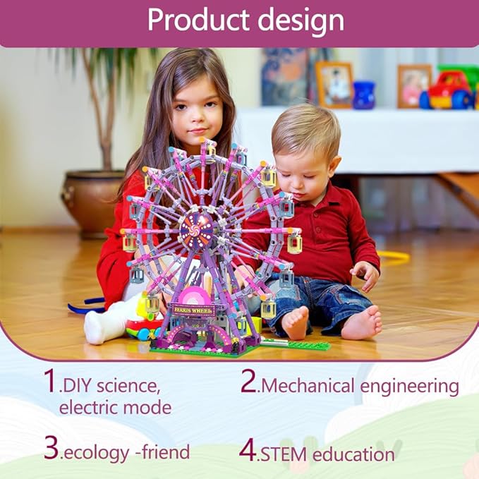 Rotating Ferris Wheel Building Blocks Kit with Lights Amusement Park Building Construction Toys Set for 6+ Year Boys Girls Birthday Gift, for Children 813pcs