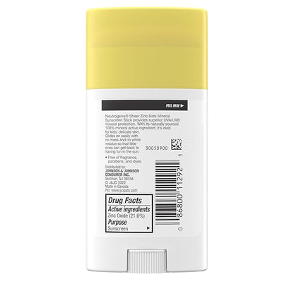 Neutrogena Sheer Zinc Oxide Kids Mineral Sunscreen Stick, Broad Spectrum SPF 50+ & UVA/UVB Protection & Water Resistant with Residue-Free, No-Mess Application, Oil- & Paraben-Free, 1.5 oz