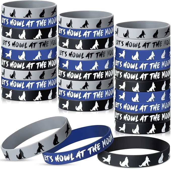 Junkin 30 Pieces Wolf Themed Party Rubber Bracelets,Silicone Wolf Animal Printed Baby Shower Wristbands Wolf Birthday Party Supplies for Boy Girl Animal Themed Parties (Let's Howl at The Moon)