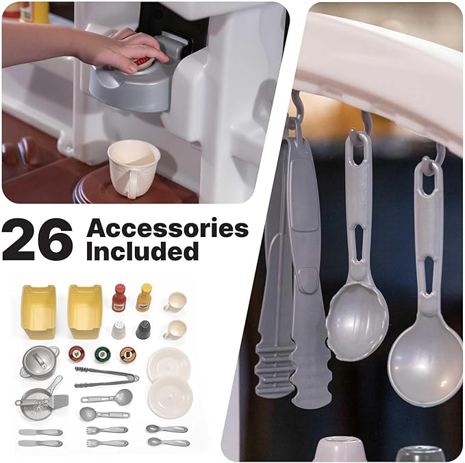 Step2 Fun with Friends Kids Kitchen Playset, Indoor/Outdoor Kitchenette, Interactive Play with Lights and Sounds, Durable Plastic, Includes 25 Piece Toy Accessories, Toddlers 2+ Years Old, Tan