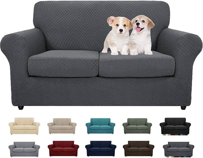 MAXIJIN 3 Piece Jacquard Couch Covers for 2 Cushion Couch Stretch Non Slip Love Seat Couch Cover for Dogs Pet Friendly Elastic Furniture Protector Loveseat Slipcovers (Loveseat, Dark Gray)
