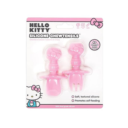 Bumkins Baby Utensils Set, Chewtensils Silicone Spoons for Dipping, Self-Feeding, Baby Led Weaning, Trainer Learning, First Stage Eating, Soft Practice Fork and Spoon, 6 Months, Hello Kitty Pink