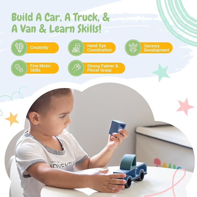 Stick It Montessori Food Grade Silicone Stacking Vehicles, 14 Pcs Toddler Baby Building Blocks Teether Educational Open Ended Shapes STEM Toy, 18+ Months (Car)