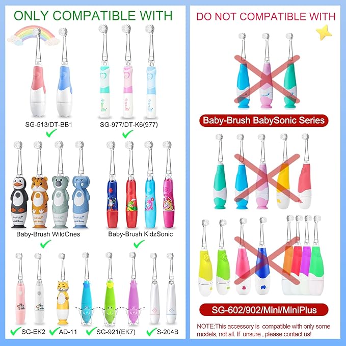 TEETECK 5 Pack Kids Toothbrush Replacement Heads Compatible with SEAGO- 513/977/EK6,Compatible with Brush-Baby WildOnes/KIDZSONIC（Not BabySonic Series）,Compatible with Dada-Tech-BB1/977/K6