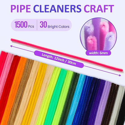 POIKSHARK 1500 PCS 30 Colors Quality Pipe Cleaners Bulk, Thick Pipe Cleaners Craft for DIY Craft Projects, Multicolored Limpia Pipas for Art Supplies & Materials, Rainbow Chenille Stems(12inch*6mm)