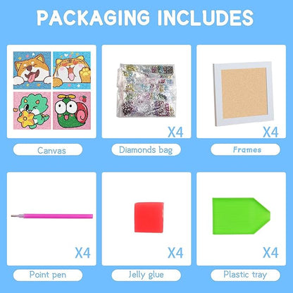 4 Pack 5D Cartoon Animals Diamond Art Kits for Kids, Cute Tiger DIY Diamond Painting Kit for Kids Beginners,Full Round Drill Big Gem Art for Kids Age 6-12(6X6 inch)