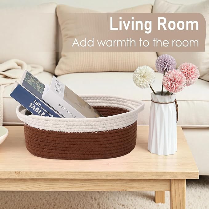 JMvicyroam Woven Basket,Small Rope Storage Bin with Handles & Ribbon Bag, Organizer for Shelves Closets,Gift Basket Empty for Birthday,Books,Dog Toys, White&Brown/2 Pack