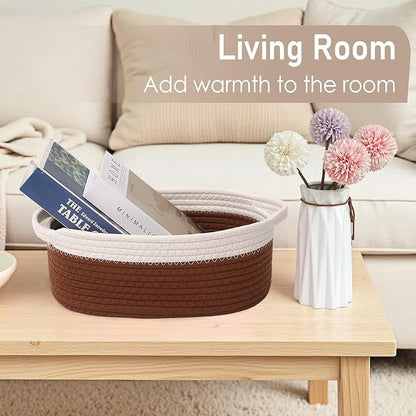 JMvicyroam Woven Basket,Small Rope Storage Bin with Handles & Ribbon Bag, Organizer for Shelves Closets,Gift Basket Empty for Birthday,Books,Dog Toys, White&Brown/2 Pack