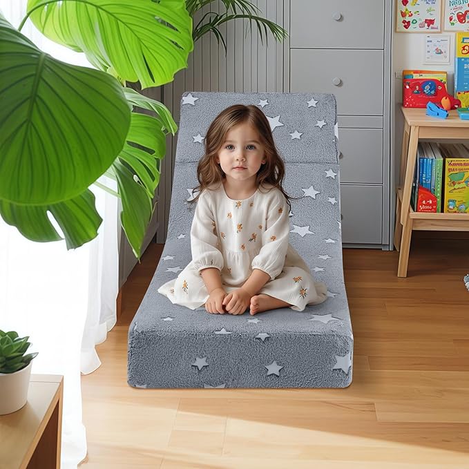 MeMoreCool Toddler Couch Fold Out Sofa Bed, Kids Lounge Chair Foldable Floor Lounger, 3-in-1 Folding Children Chair Bed, Pull Out Recliner for Toddlers 1-6, Star