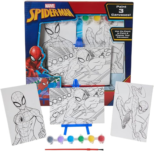 Innovative Designs Marvel Spiderman Canvas Paint Set for Kids with 3 Canvases, Acrylic Paint, Paintbrush, & Easel