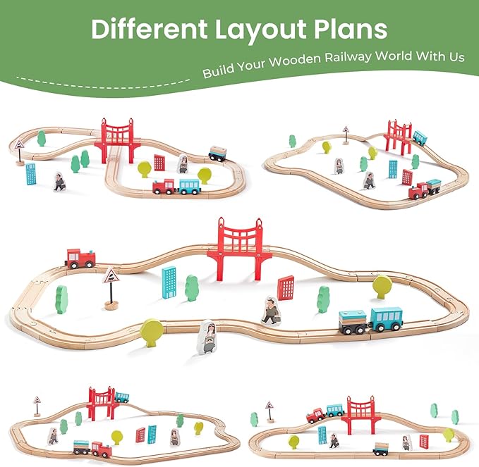 Tiny Land Wooden Train Set for Toddler - 39 Pcs- with Wooden Tracks fits Thomas, fits Brio, fits Chuggington, fits Melissa and Doug - Expandable, Changeable-Train Toy for 3 4 5 Years Old Girls & Boys