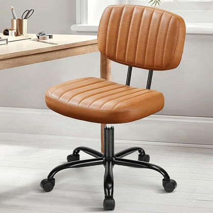 DUMOS Small Armless Home Office Chair with Low Back Lumbar Support, Height Adjustable PU Leather Computer Task with 360° Swivel Wheels, for Small Space, Kids and Adults, Brown