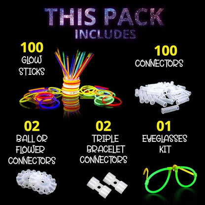 Premium Bright Glow Sticks Bulk Party Pack for Halloween -Glow in The Dark Party Supplies- 205 Pcs-Eye Glasses-Bracelets- Necklaces- Neon Accessories-Glow Party Pack -Kids Party Favors