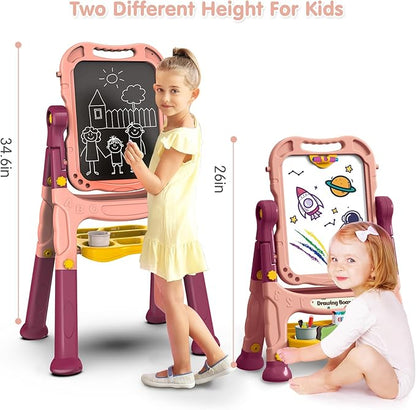 Kids Art Easel, Adjustable Drawing White Board & Chalk Board, Toddler Standing Easel with Painting Accessories, Gift for Girls Boy (Orange)