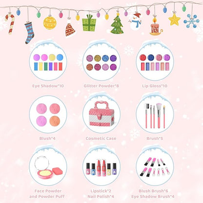 GirlsHome Kids Makeup Set for Girl 56 Pcs Washable Real Cosmetic, Non-Toxic Frozen Toys Toddler Makeup Kit, Frozen Princess Dress up Kit Christmas & Birthday Girl Gift for 3-12 (Frozen Pink)
