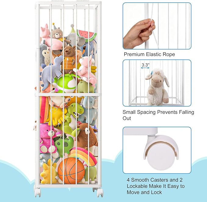 Fixwal Stuffed Animal Storage Zoo Metal Tube Extra Large Plushies Storage Stuffed Animals Holder Kids Toy Organizers and Storage with Elastic Band and Net for Playroom Bedroom White 61 x 17 x 12.6