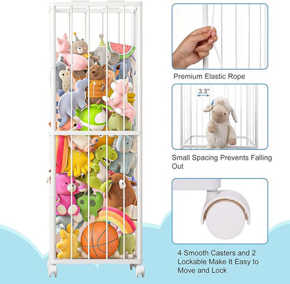 Fixwal Stuffed Animal Storage Zoo Metal Tube Extra Large Plushies Storage Stuffed Animals Holder Kids Toy Organizers and Storage with Elastic Band and Net for Playroom Bedroom White 61 x 17 x 12.6