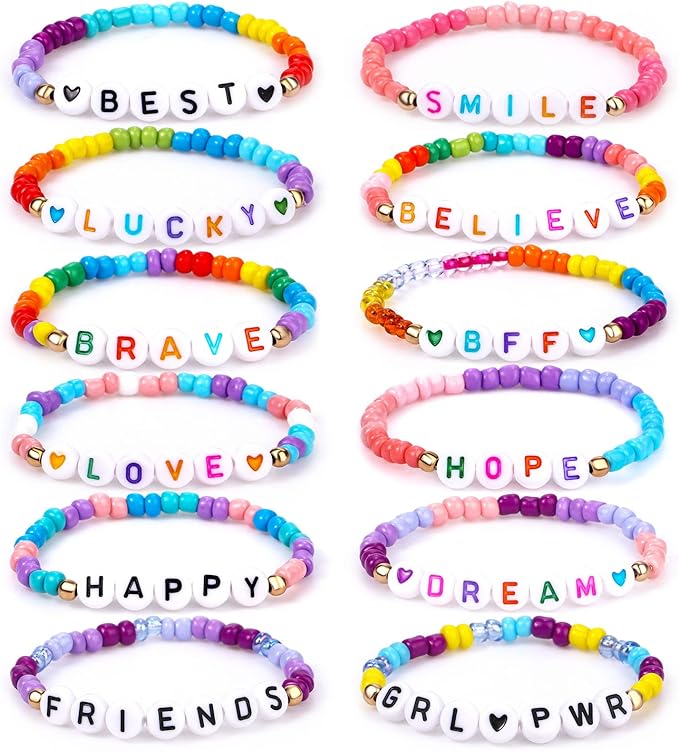 Lorfancy 12Pcs Kids Bracelets for Girls Letter Beads Bracelets Toddler Baby Cute Friendship Princess Stretchy Pretend Play Bracelet Costume Jewelry Accessories (A-12 pcs)