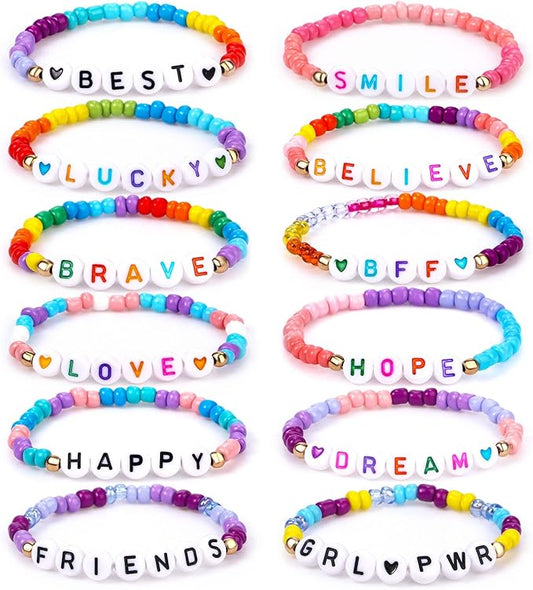 Lorfancy 12Pcs Kids Bracelets for Girls Letter Beads Bracelets Toddler Baby Cute Friendship Princess Stretchy Pretend Play Bracelet Costume Jewelry Accessories (A-12 pcs)